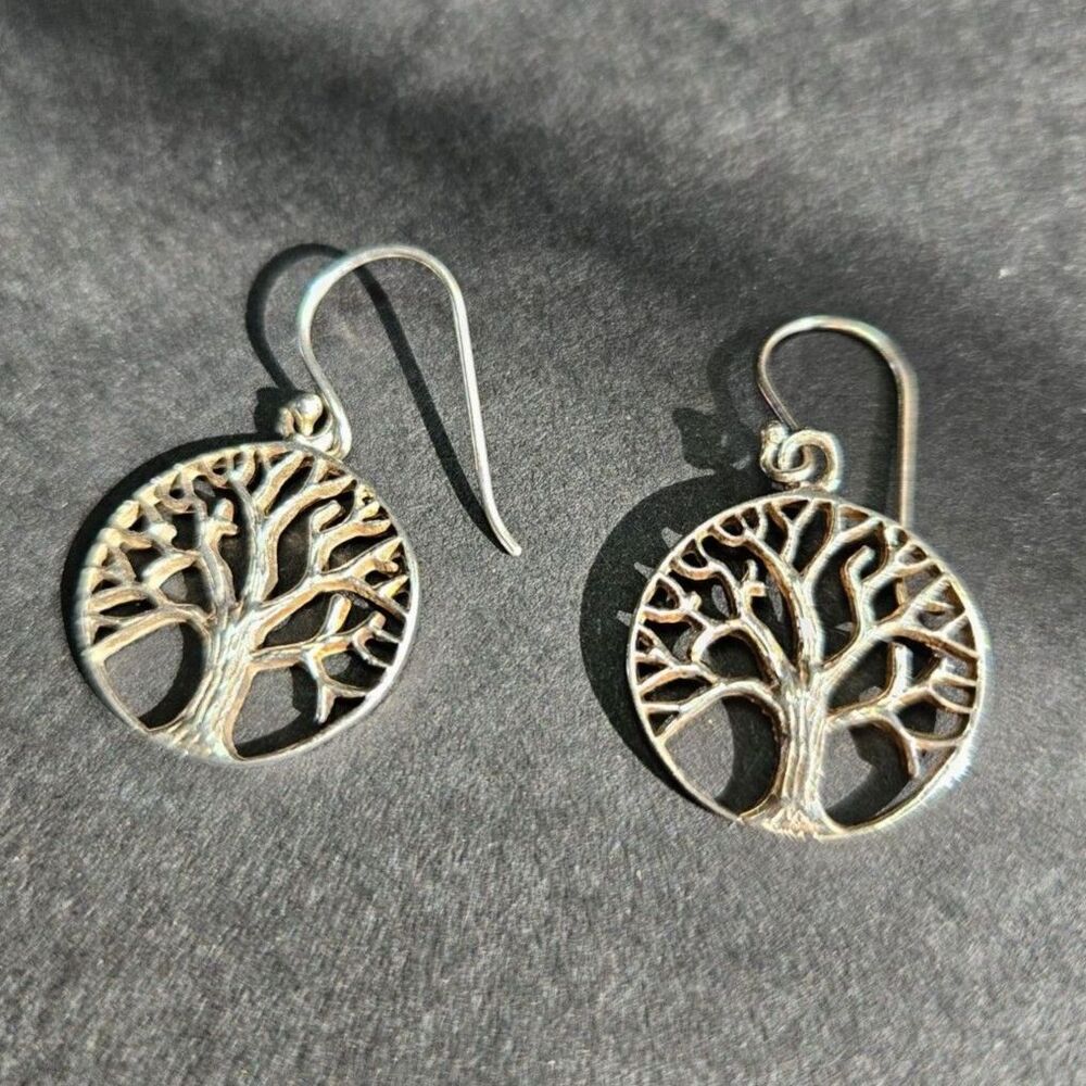Vintage Sterling Silver Tree of Life Round Dangling Earrings